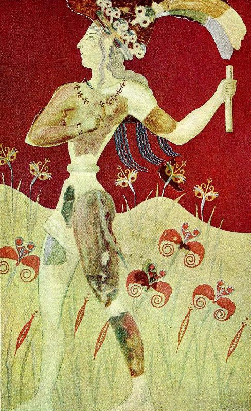 unknow artist kretensisk yngling med liljekrona, vaggmalning i knossos Spain oil painting art